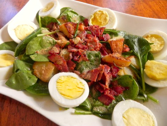 Warm Spinach Salad with Egg, Rosemary Potatoes & Dijon Vinaigrette