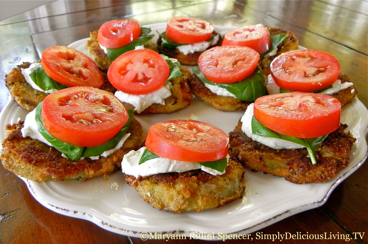 Crispy Eggplant with Goat Cheese Basil and Tomato Appetizer