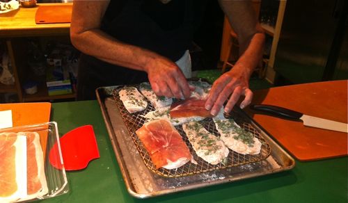 Cutlets are floured then topped with prosciutto - YUM!