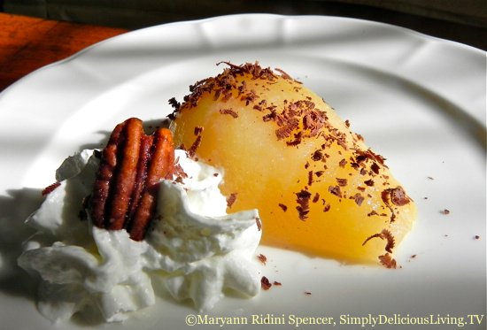 Poached Pears with Frangelico & Shaved Dark Chocolate