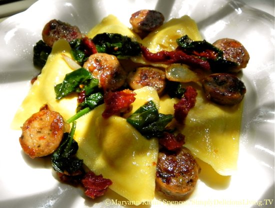 Butternut Squash Ravioli with Sausage, Spinach & Sundried Tomatoes