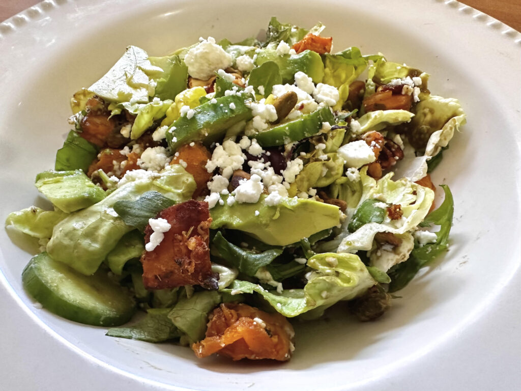 Springs Salad with Avocado, Sweet Potato Croutons & Balsamic Glaze